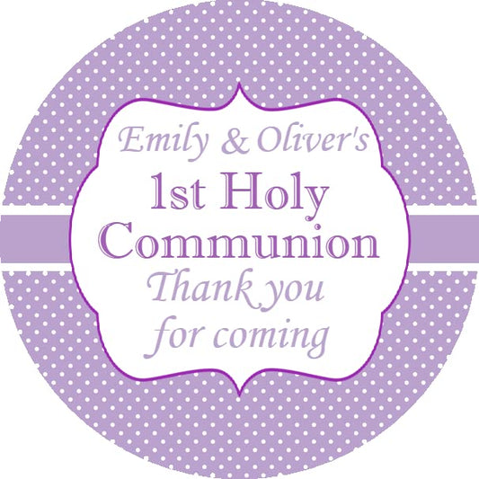 Personalised First Holy Communion Party Stickers Lilac Polka Dot