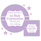 Personalised First Holy Communion Party Stickers Lilac Polka Dot