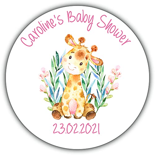 Personalised Baby Shower Party Stickers for Favours Party Bags Giraffe Pink Girl