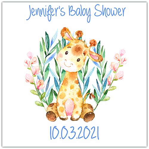 Personalised Baby Shower Party Stickers for Favours Party Bags Giraffe Blue Boy