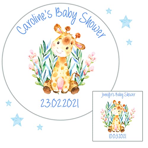 Personalised Baby Shower Party Stickers for Favours Party Bags Giraffe Blue Boy