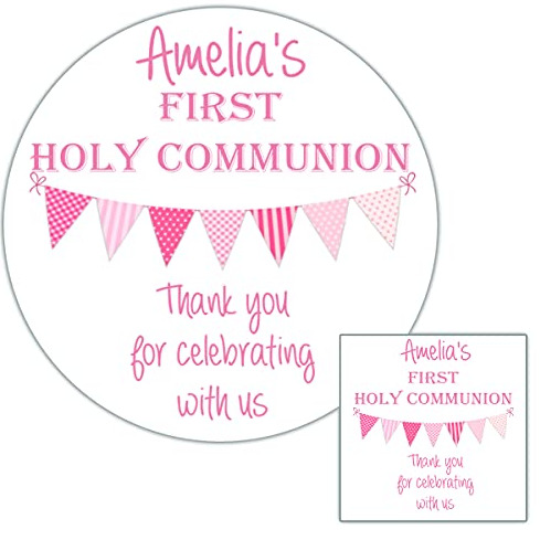 Personalised First Holy Communion Party Stickers  Pink Bunting