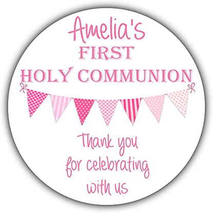 Personalised First Holy Communion Party Stickers  Pink Bunting