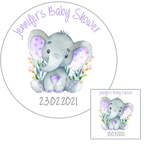 Personalised Baby Shower Party Stickers for Elephant Lilac