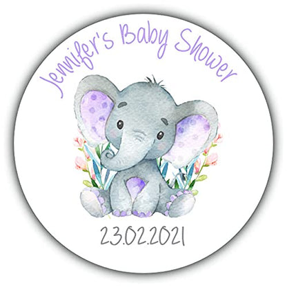 Personalised Baby Shower Party Stickers for Elephant Lilac