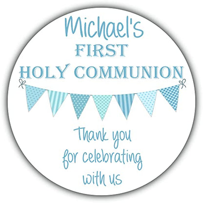 Personalised First Holy Communion Party Stickers Blue Bunting