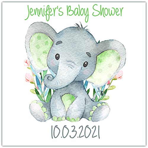 Personalised Baby Shower Party Stickers for Favours Party Bags Elephant Green