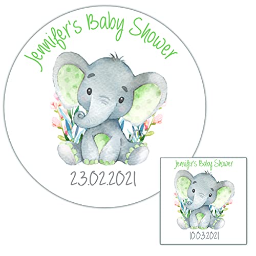 Personalised Baby Shower Party Stickers for Favours Party Bags Elephant Green