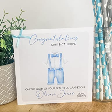 Personalised Congratulations New Baby Card For Parents Grandparents Son Grandson Boy Blue