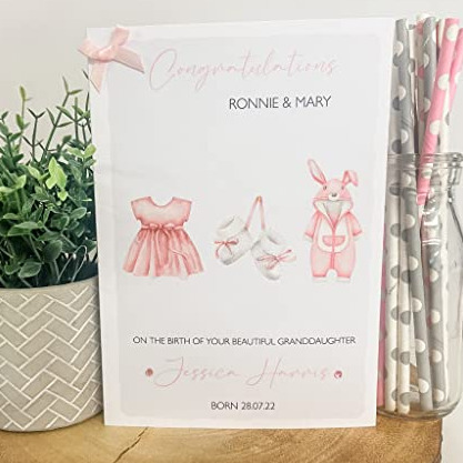 Personalised Congratulations New Baby Card For Parents Grandparents Daughter Granddaughter Girl Pink