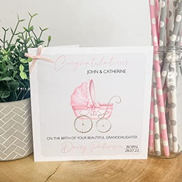 Personalised Congratulations New Baby Card For Parents Grandparents Daughter Granddaughter Girl Pink