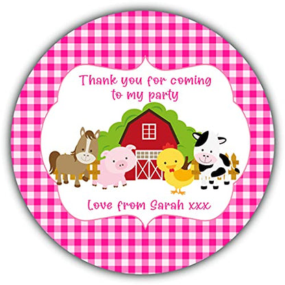 Personalised Birthday Party Stickers Gingham Pink Barn