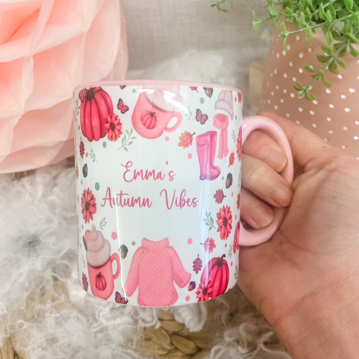 Personalised Autumn Vibes Ceramic Mug Pink