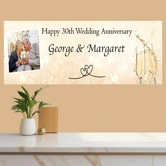 Personalised Photo Anniversary Banner Congratulations Grey Marble Champagne