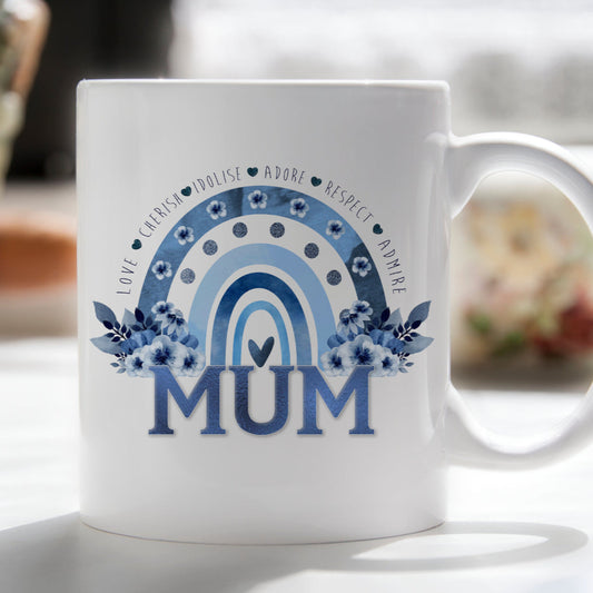 Personalised Mother's Day Mug - Blue Floral Rainbow
