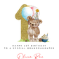 a teddy bear with a birthday hat and a cupcake