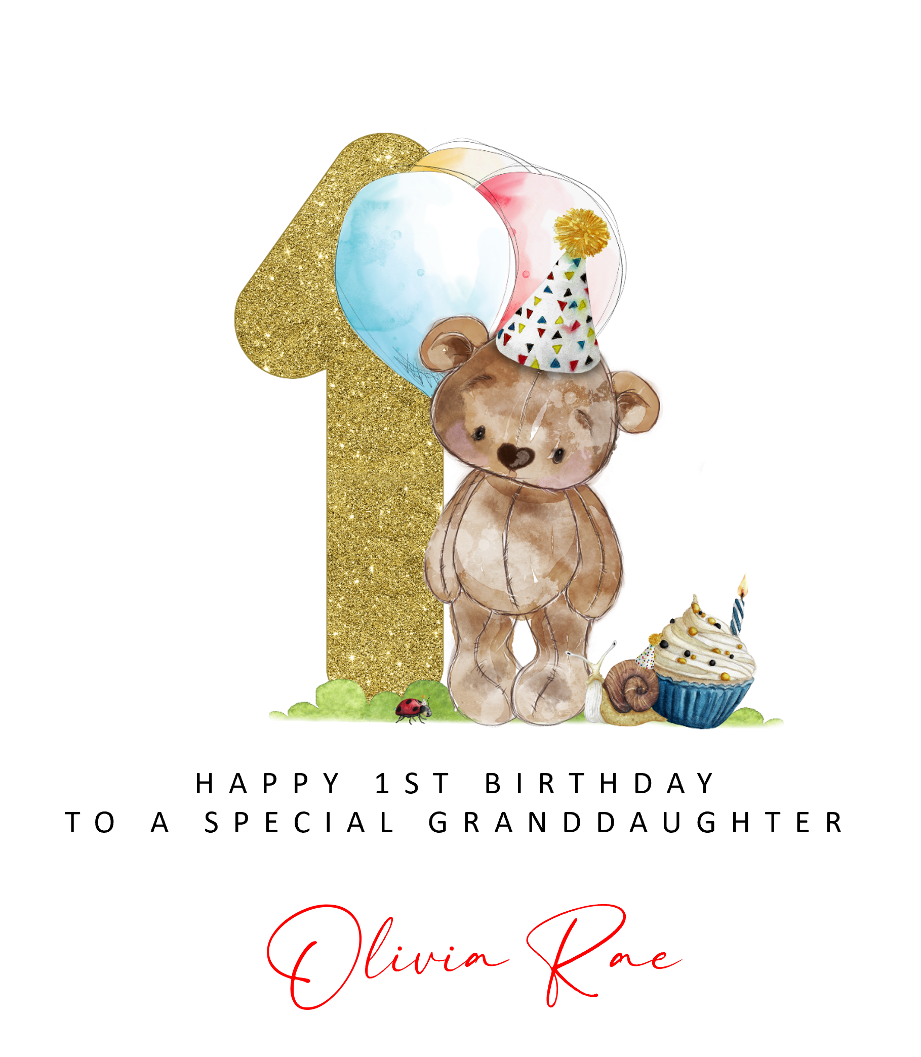 a teddy bear with a birthday hat and a cupcake
