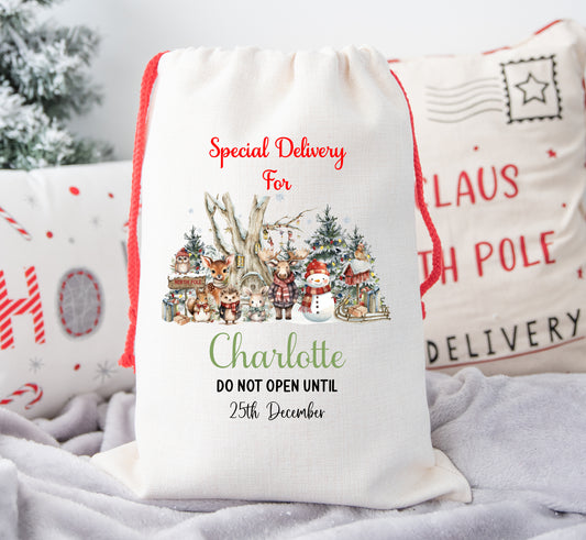 Personalised Christmas Santa Sack For Children Woodland Forest Animals
