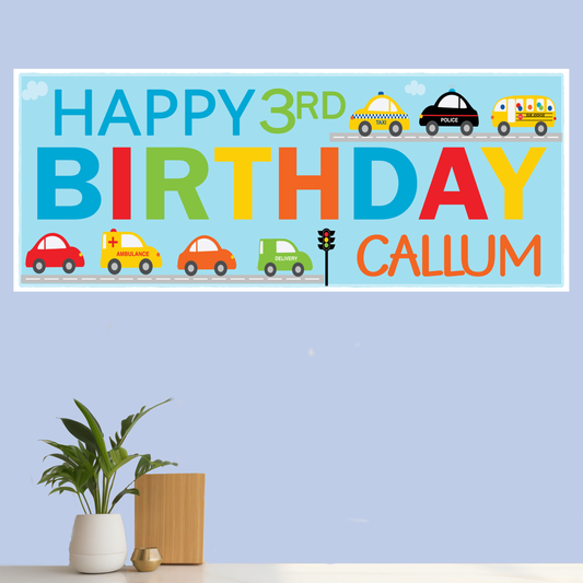 Personalised Cars Transport Birthday Party Banner | Custom Banner | Kids