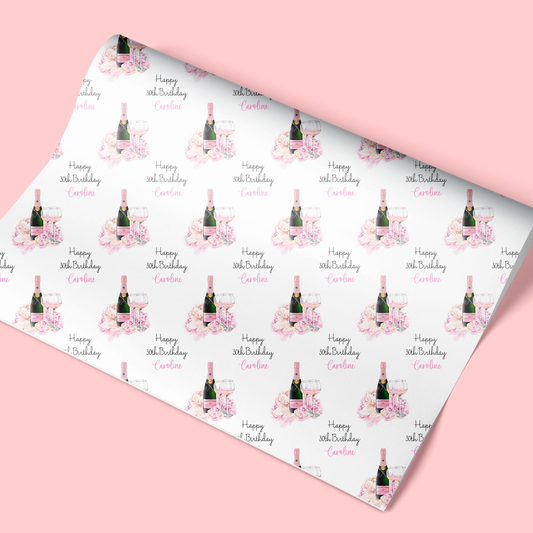 Personalised Birthday Wrapping Paper Pink Floral Champagne