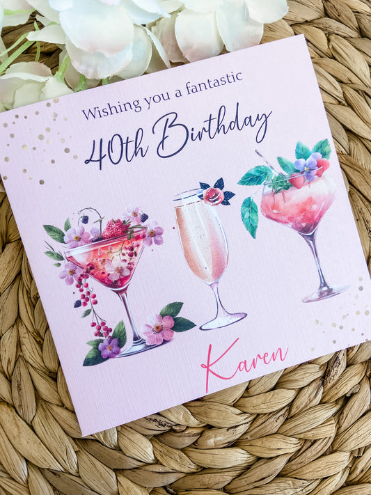 Personalised Birthday Card Pink Floral Cocktail Trio
