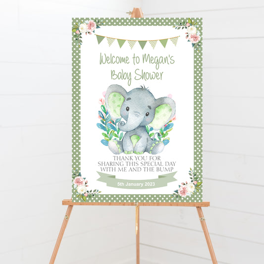 Personalised baby shower welcome sign watercolour elephant green, baby shower decoration, greenery