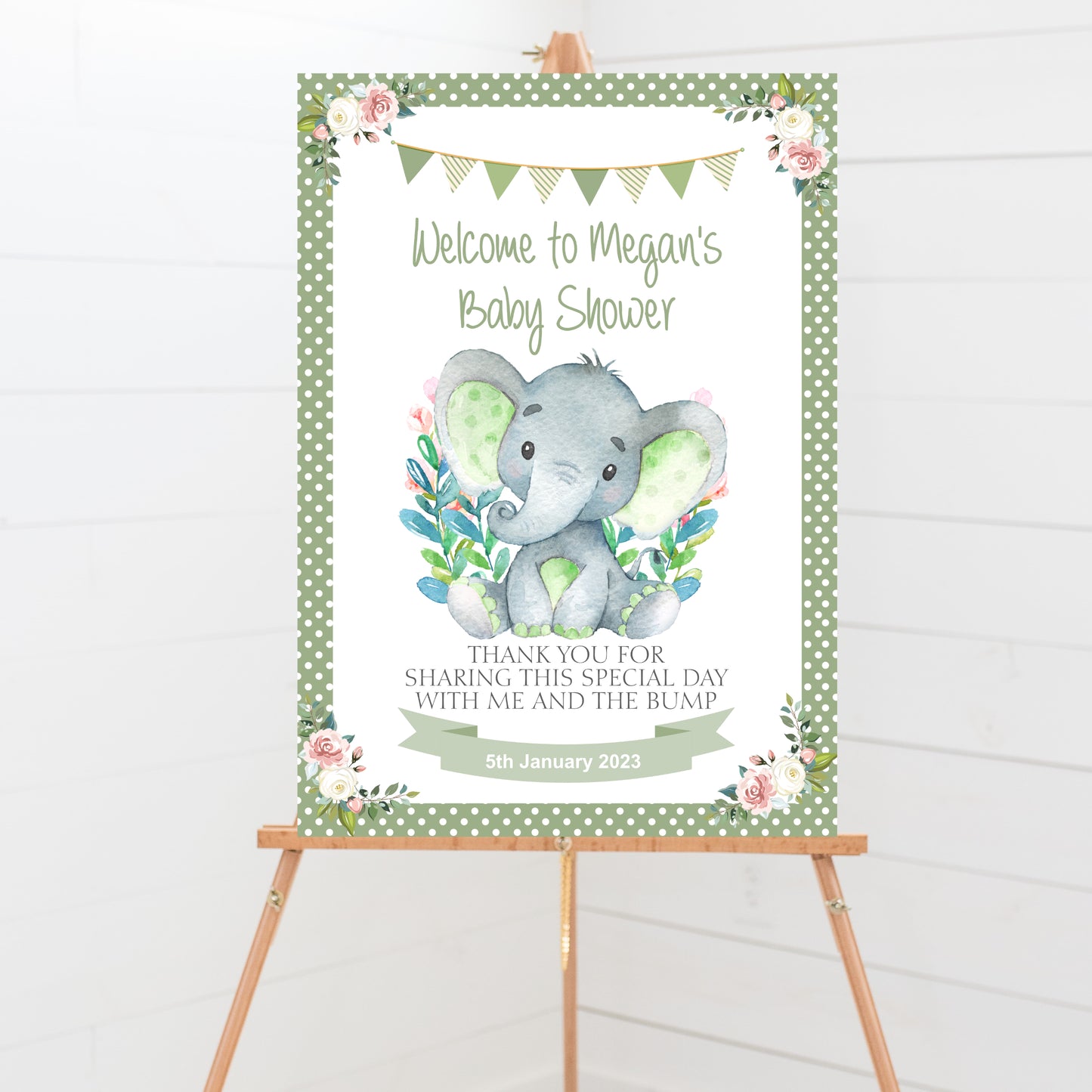 Personalised baby shower welcome sign watercolour elephant green, baby shower decoration, greenery