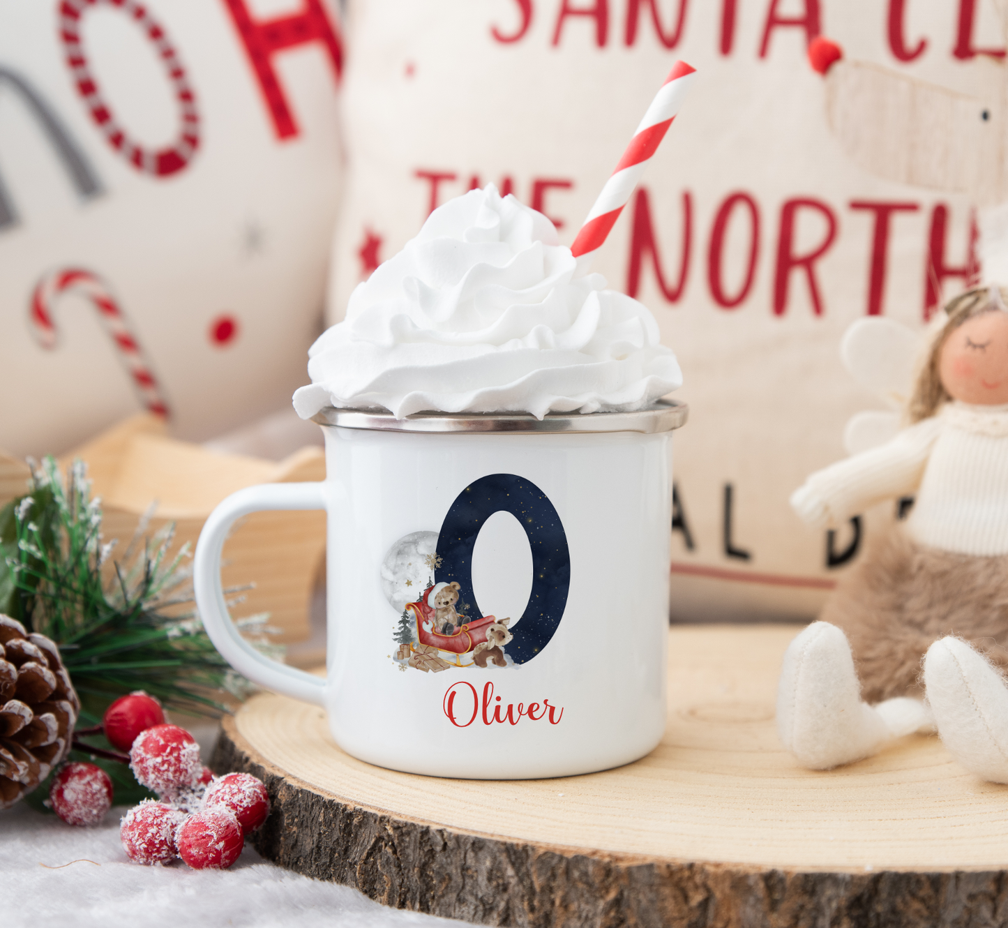 Personalised Christmas Mug, Stocking Filler, Christmas Eve Box, Hot Chocolate Mug, Sleigh Bear Initial