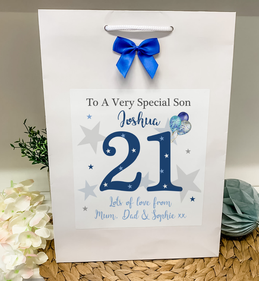 Personalised Birthday Gift Bag Blue Grey Stars