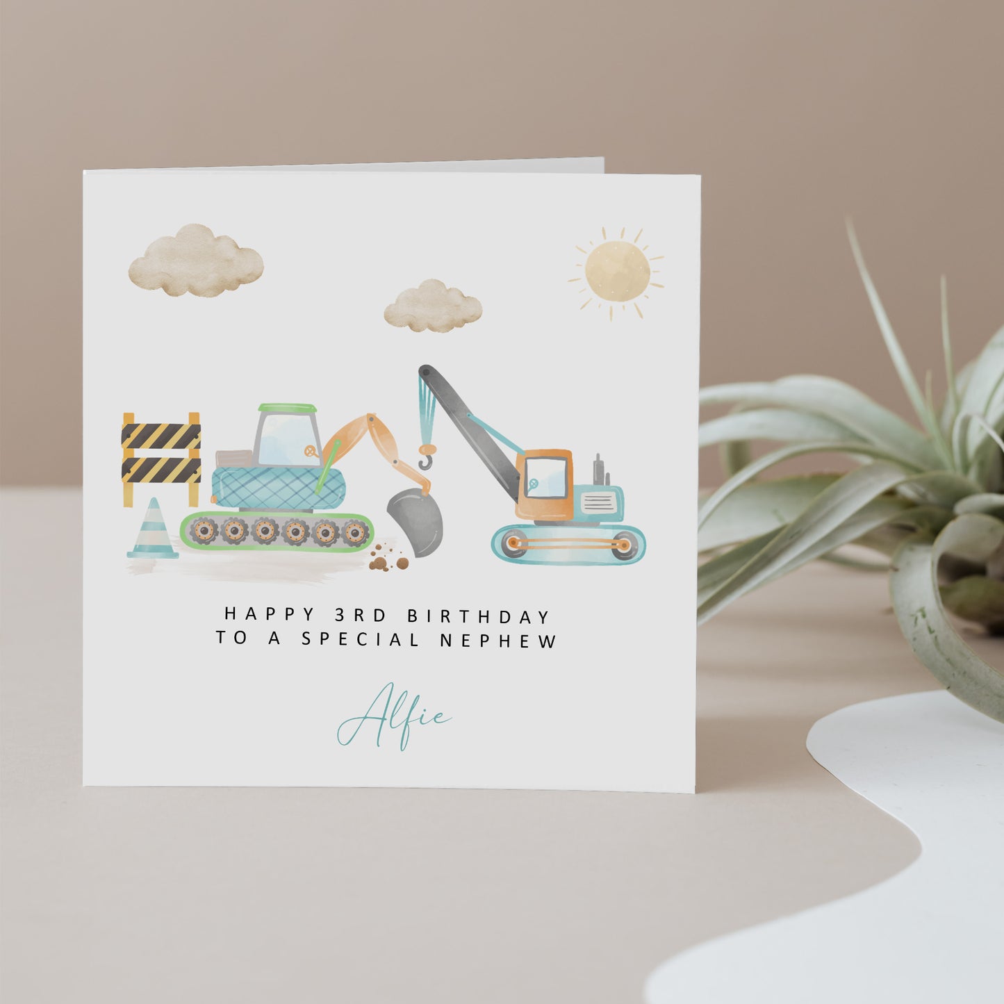 a card with a picture of a construction vehicle