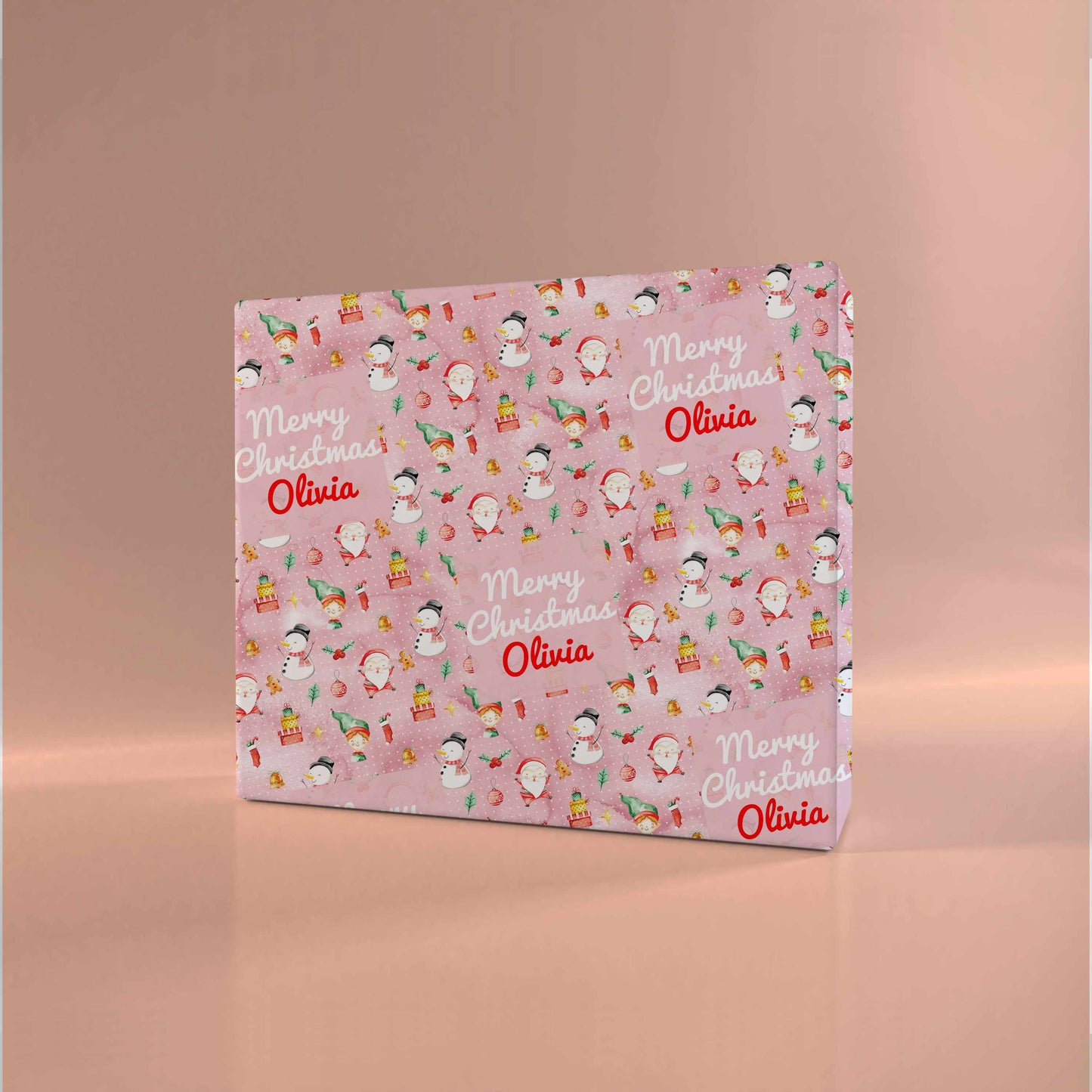 Personalised Christmas Wrapping Paper Pink Polka Dot Santa Snowman Elf