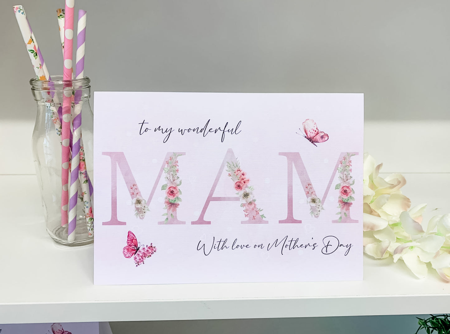 Personalised Mother's Day Card Pink Floral Mam Mom Mum
