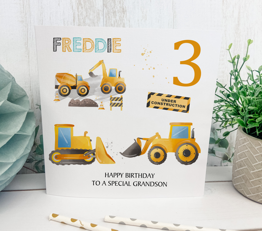 Personalised Birthday Card Digger Construction