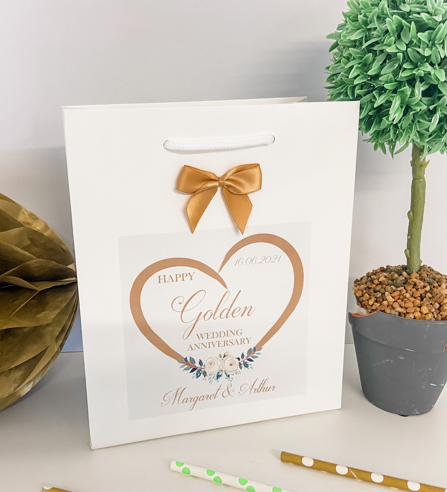Personalised Anniversary Gift Bag Golden Wedding Floral Heart