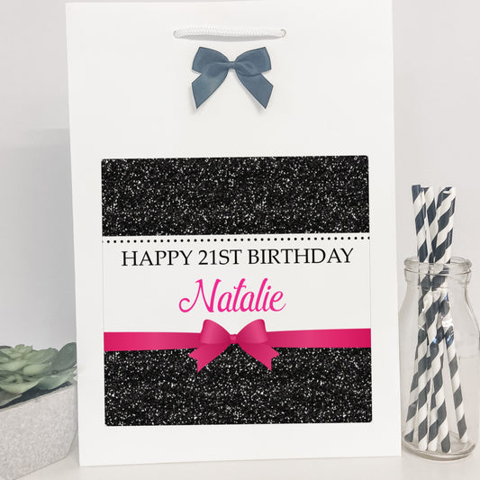 Personalised Birthday Gift Bag Black Printed Glitter Effect