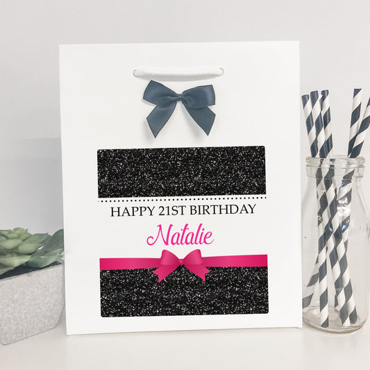 Personalised Birthday Gift Bag Black Printed Glitter Effect