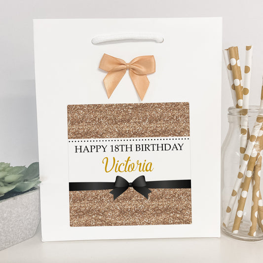 Personalised Birthday Gift Bag Printed Glitter Effect Gold