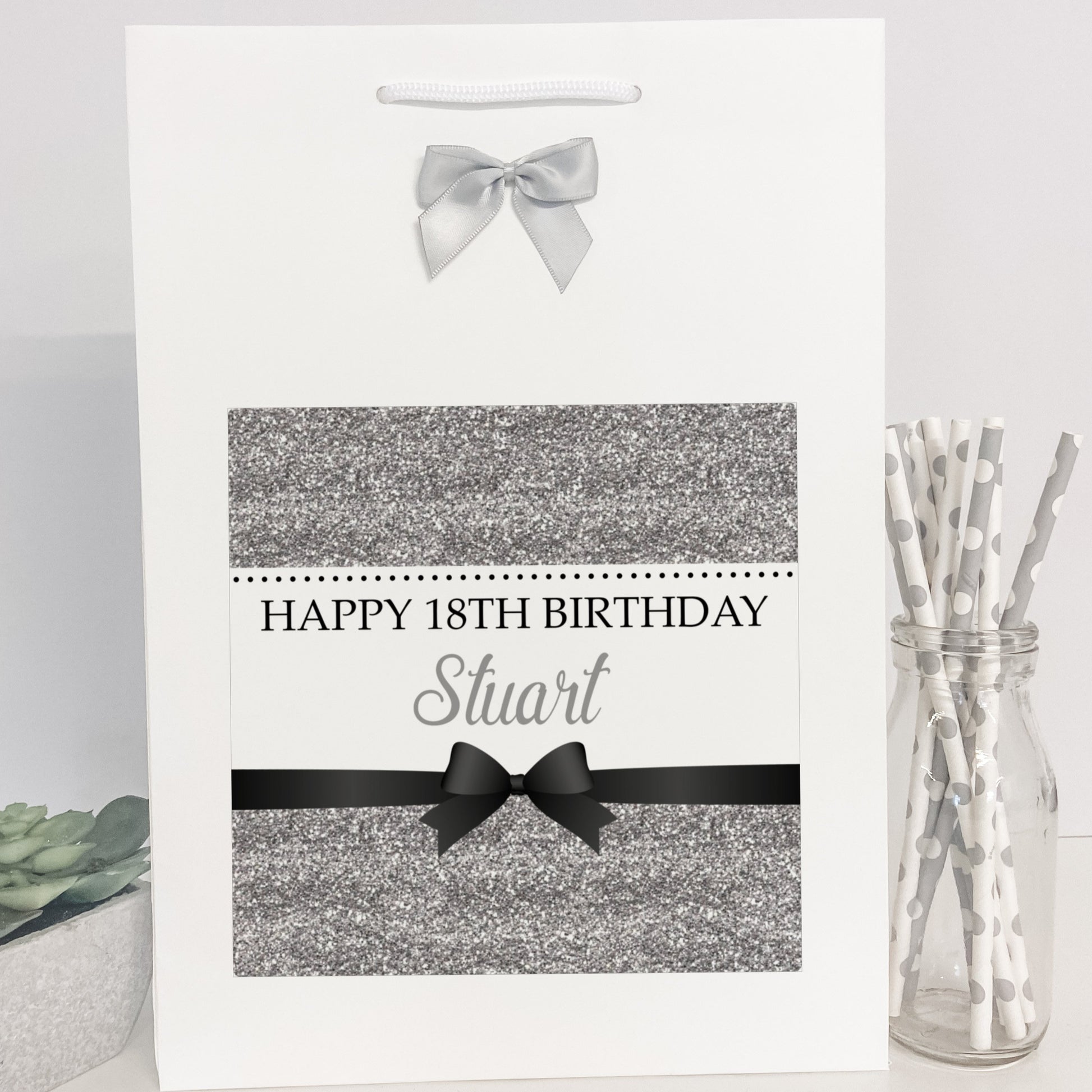 Personalised Birthday Gift Bag Printed Glitter Effect Silver