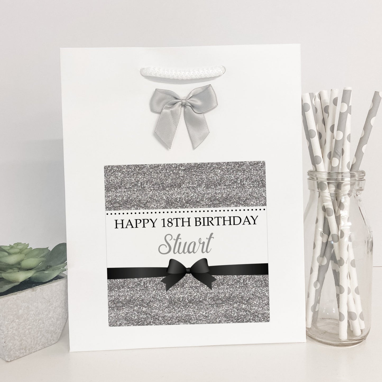 Personalised Birthday Gift Bag Printed Glitter Effect Silver