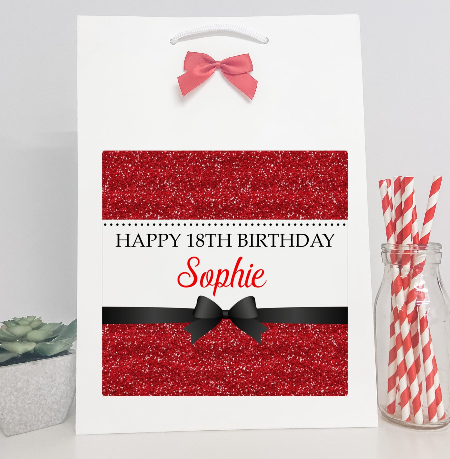 Personalised Birthday Gift Bag Red Printed Glitter Effect