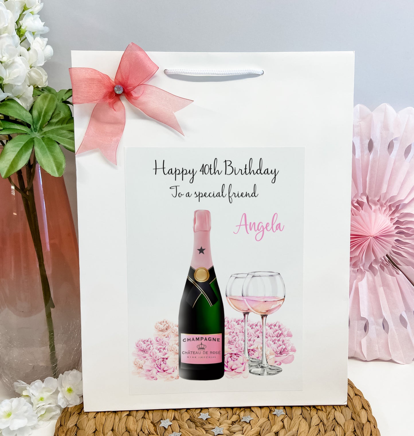 Personalised Birthday Card Floral Pink Champagne