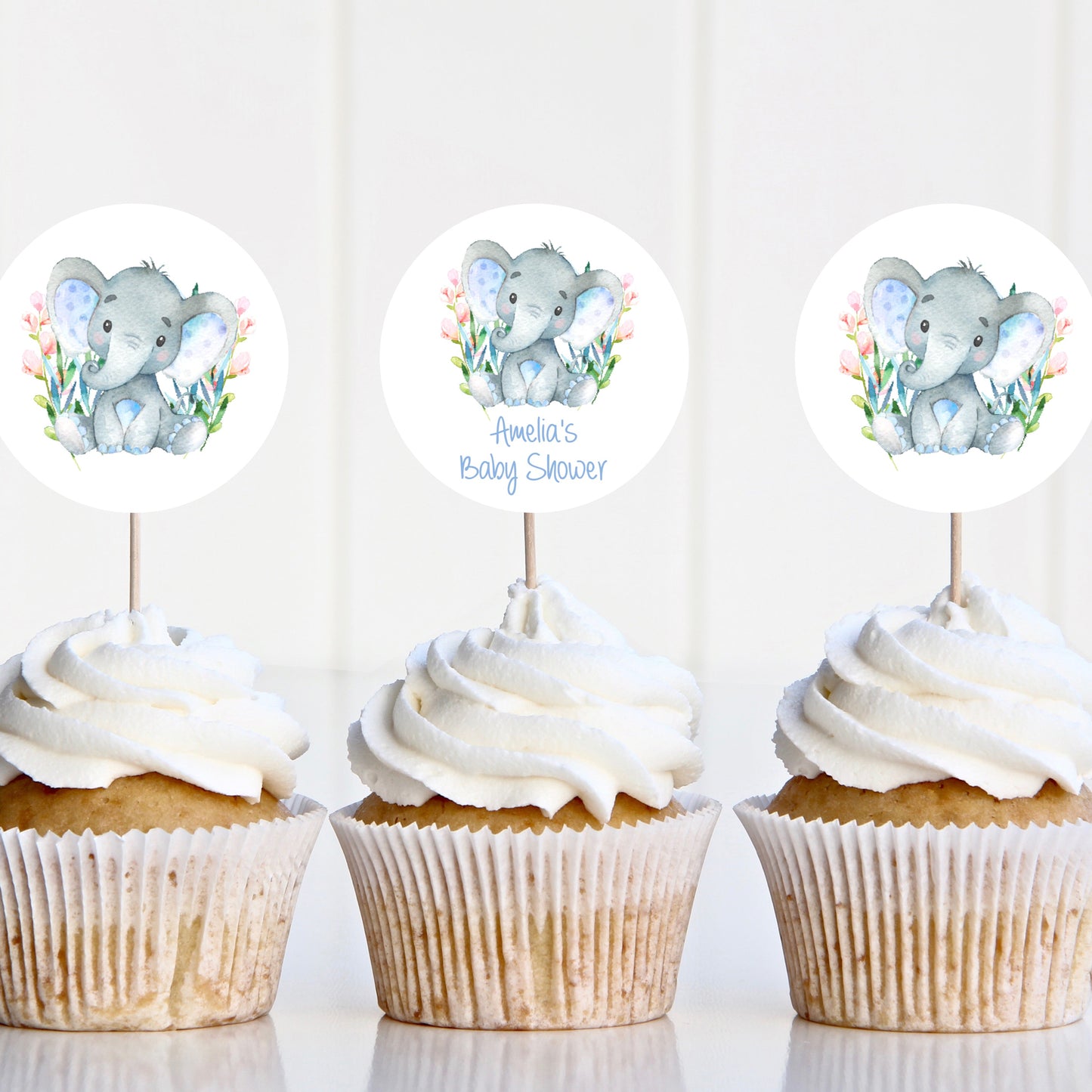 12 x Personalised Cupcake Toppers Baby Shower Watercolour Elephant Blue