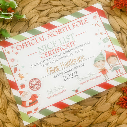 Personalised Santa Elf Nice List Certificate Christmas Eve Box Filler