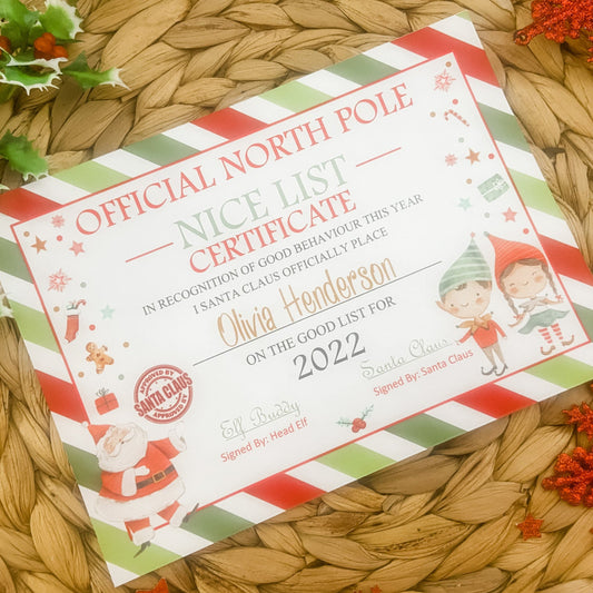Personalised Santa Elf Nice List Certificate Christmas Eve Box Filler