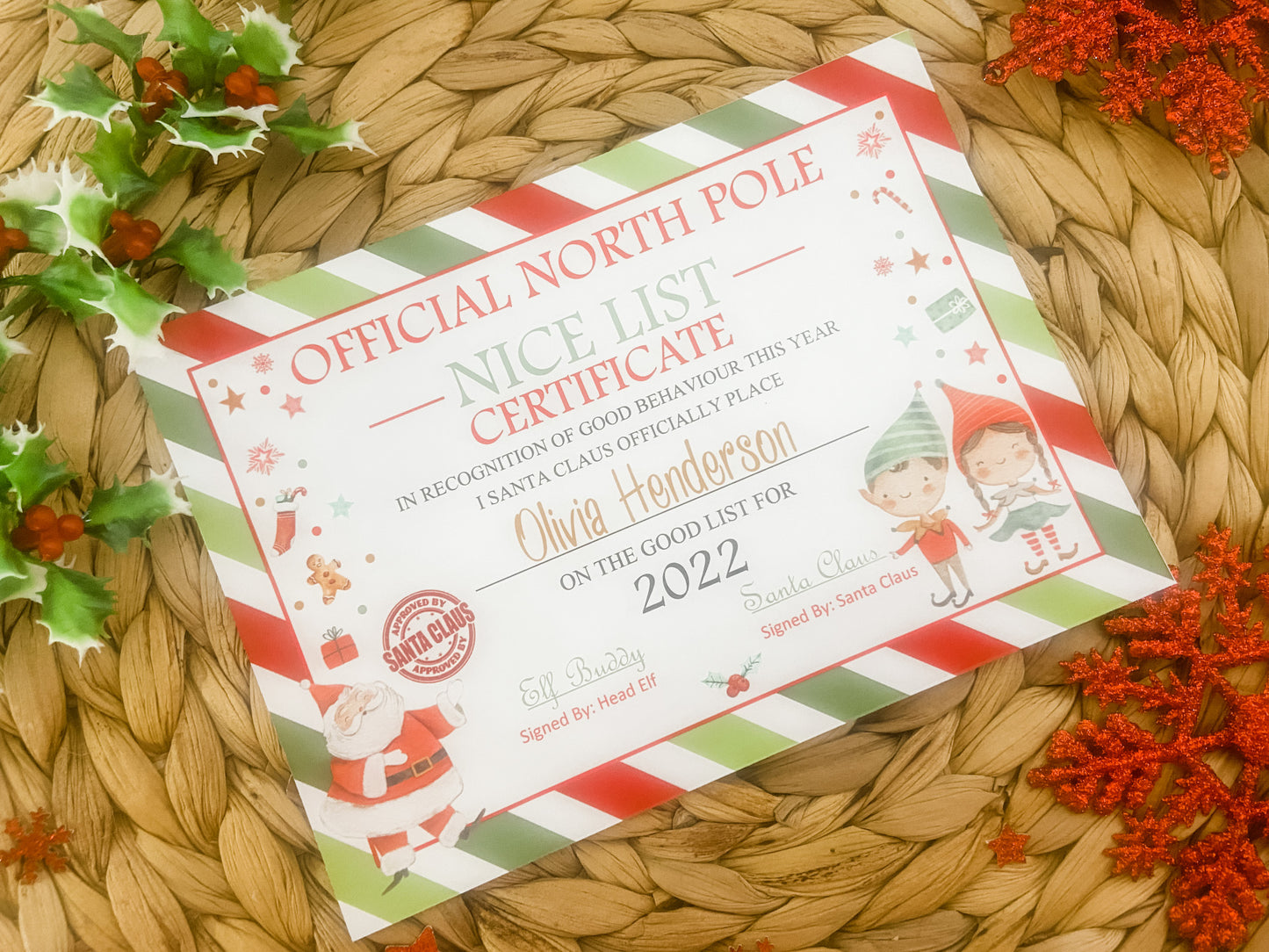 Personalised Santa Elf Nice List Certificate Christmas Eve Box Filler