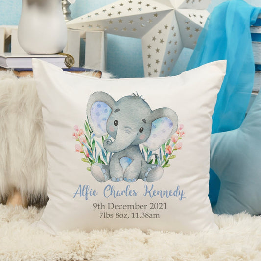Personalised New Baby Cushion Watercolour Elephant Nursery Decor Keepsake New Baby 