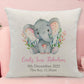 Personalised New Baby Cushion Watercolour Elephant Pink Baby Keepsake New Baby Gift Parent Gift