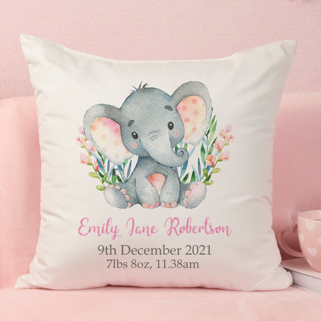 Personalised New Baby Cushion Watercolour Elephant Pink Nursery Decor Baby Gift Keepsake for New Baby