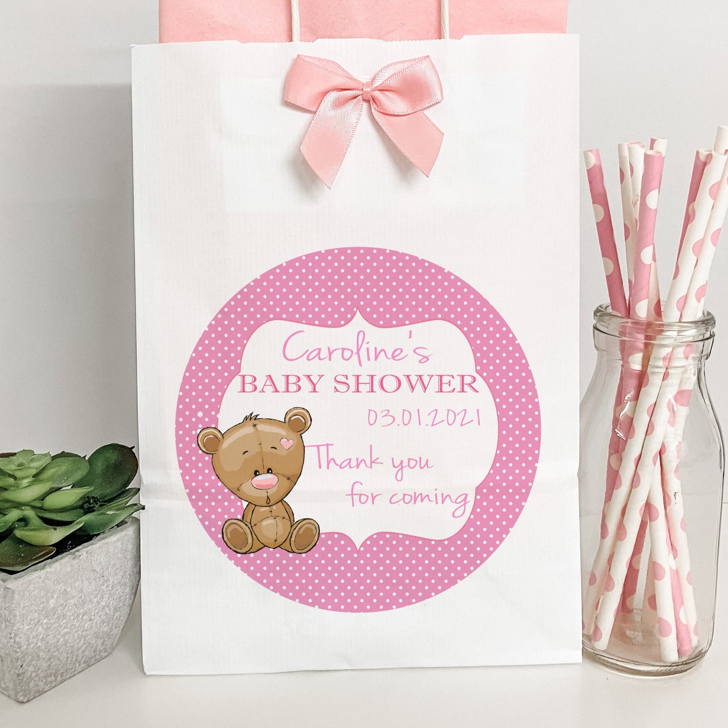 Personalised Baby Shower Party Gift Bag Teddy Bear Pink Girl