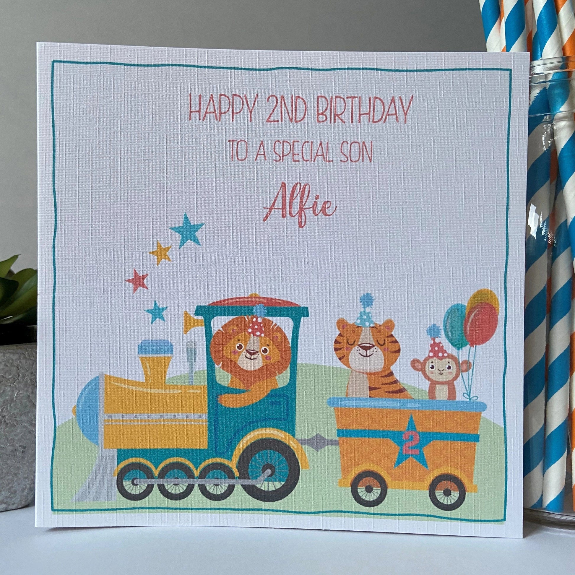 Personalised Childs Birthday Card Jungle Animal Train